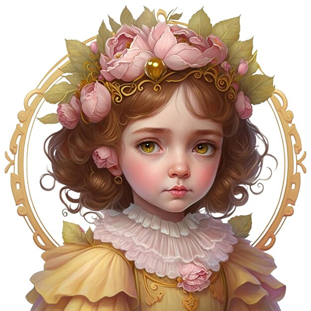 Милая принцесса с цветочной короной в акварельной иллюстрации