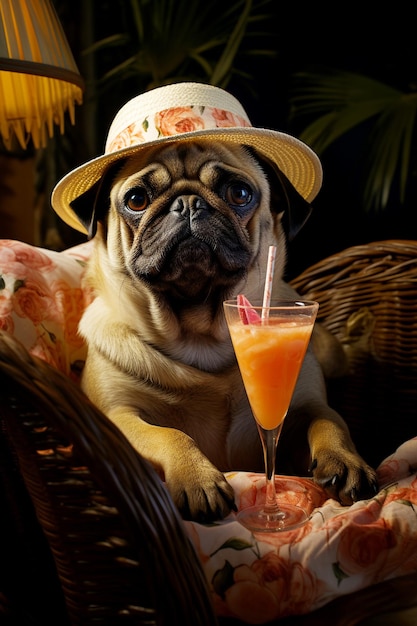 Cute pug on the beach drinking a summer cocktail sitting on a chaise longue by the sea on a sunny day