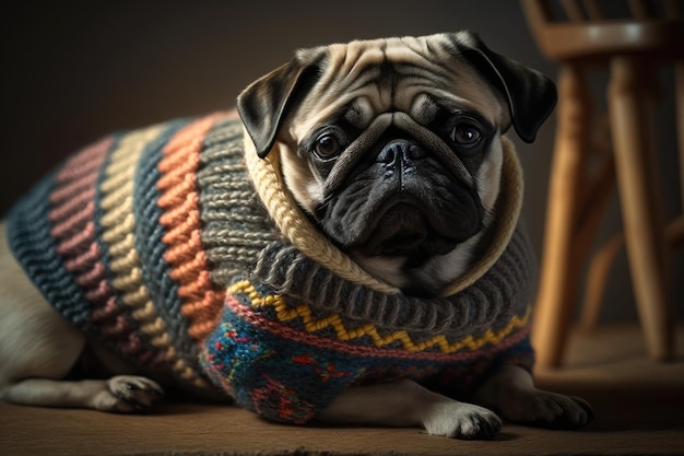 Cute pug dog at home wearing a warm sweater The idea of the heating season