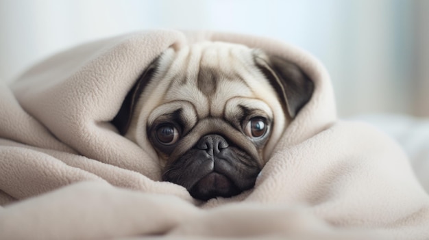 Cute pug dog lying under blanket at home closeup