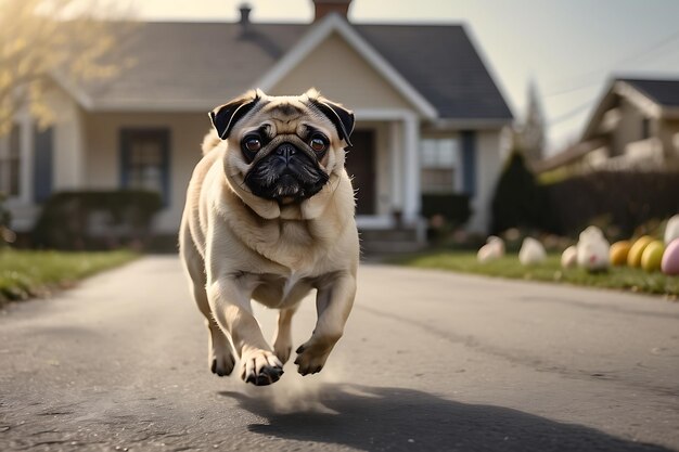 Cute pug dog running on the road in front of house