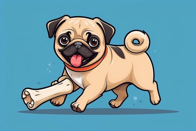 Cute pug dog running with bone cartoon vector icon illustration animal nature icon concept isolated