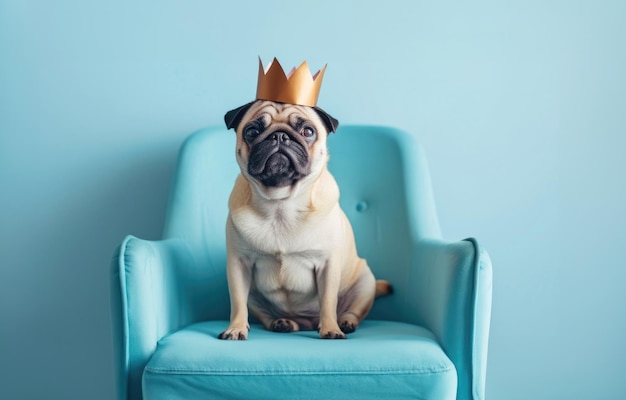 Милый пуг, носящий золотую бумажную корону, сидящий на синем стуле.