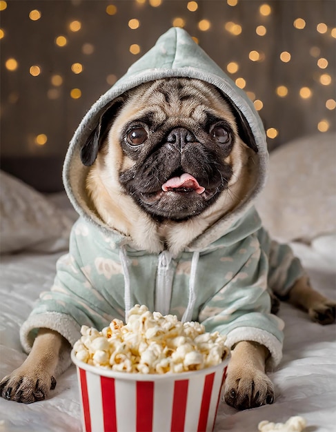 Foto un pug carino che indossa una giacca e una ciotola di popcorn che sorride alla telecamera