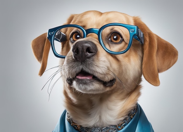 cute pug dog with blue eyeglasses and bow tie looking at camera on blue backgroundportrait of a dog