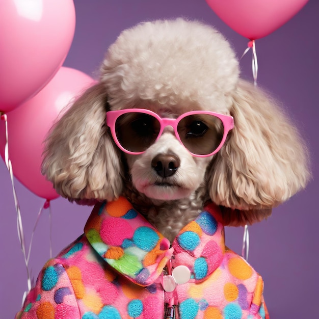 cute pug dog with pink sunglasses and pink wig