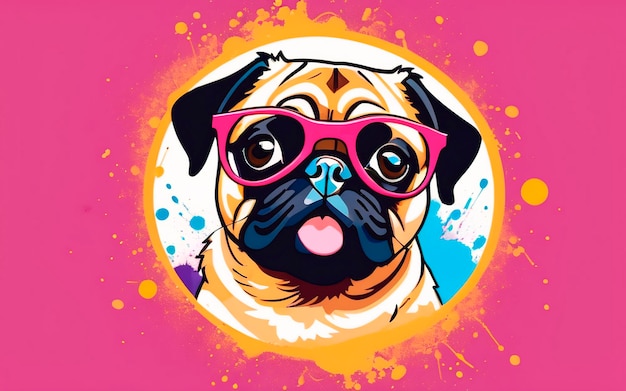 Cute pug dog with sunglasses on colorful background