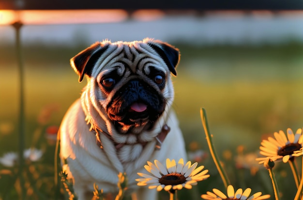 Cute pug on green lawn with daisies at sunset Sweet wrinkled dog on walk on green grass with wild flowers chamomiles Generative AI
