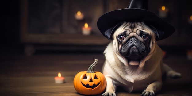 Foto carino pug con cappello di halloween su sfondo scuro ai generativa