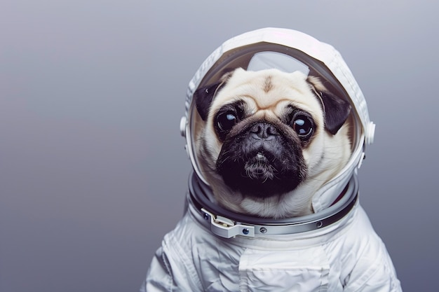 Фото Милый пуг в космическом костюме первая поездка в космос собака-астронавт в космическом костюм портрет собаки