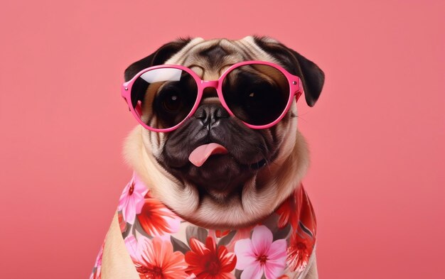 Cute pug on pink white background AI