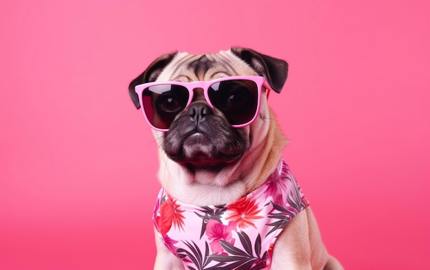 Cute pug on pink white background AI