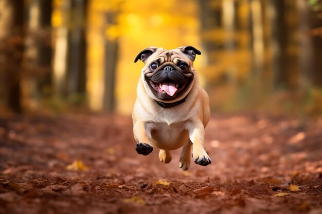 Cute pug playing outdoor and copy space