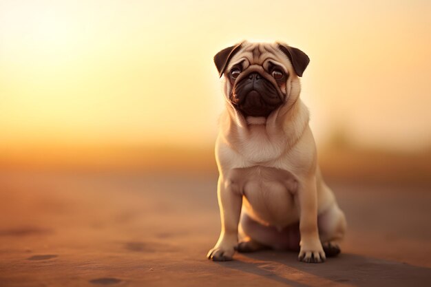 Cute pug playing outdoor and copy space