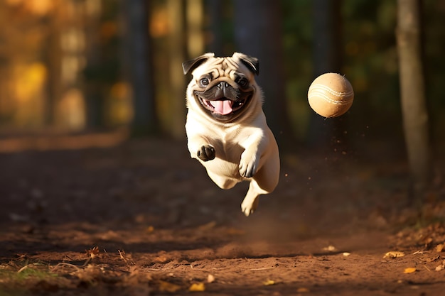 Photo cute pug playing outdoor and copy space