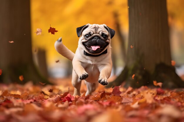 Cute pug playing outdoor and copy space