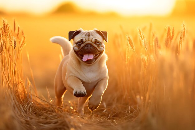 Cute pug playing outdoor and copy space