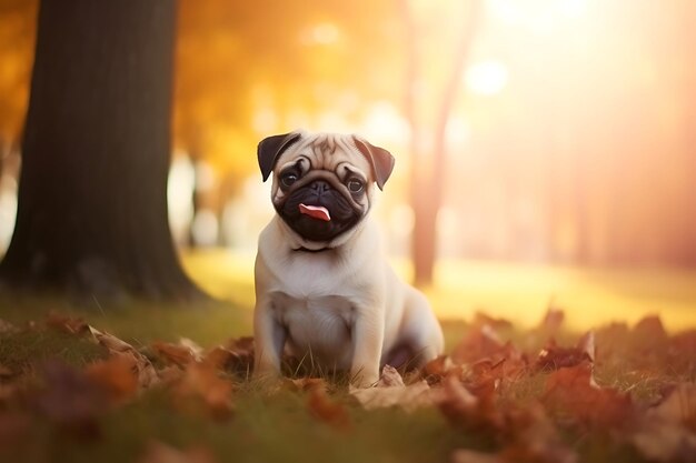 Cute pug playing outdoor and copy space