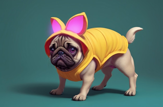 Cute pug puppy in costume Little dog in clothes Generative AI