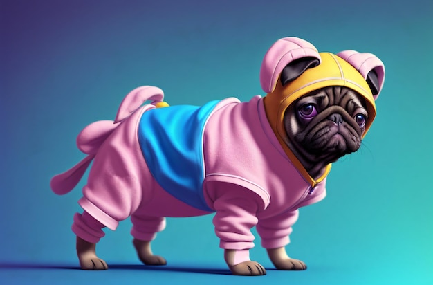 Cute pug puppy in costume Little dog in clothes Generative AI