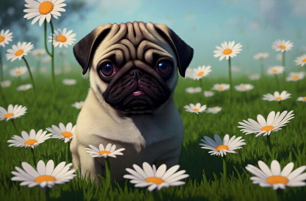 Cute pug puppy on green lawn with daisies Sweet dog on green grass with wild flowers chamomiles