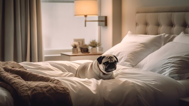 Cute pug seeping on the bed