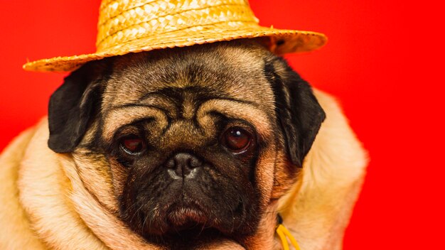 Carlino carino con cappello di paglia su sfondo rosso cane stanco di razza pug in posa in studio