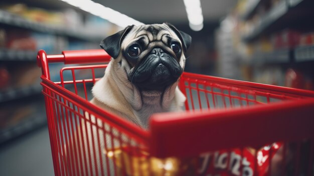 Cute pug in a supermarket cart