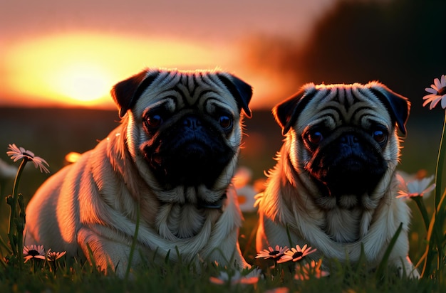 Cute pugs on green lawn with daisies at sunset Sweet wrinkled dogs on walk on green grass with wild flowers chamomiles Generative AI