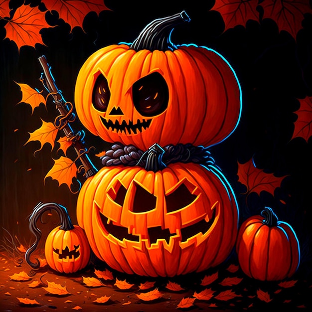 Cute Pumpkin character on Halloween scenery