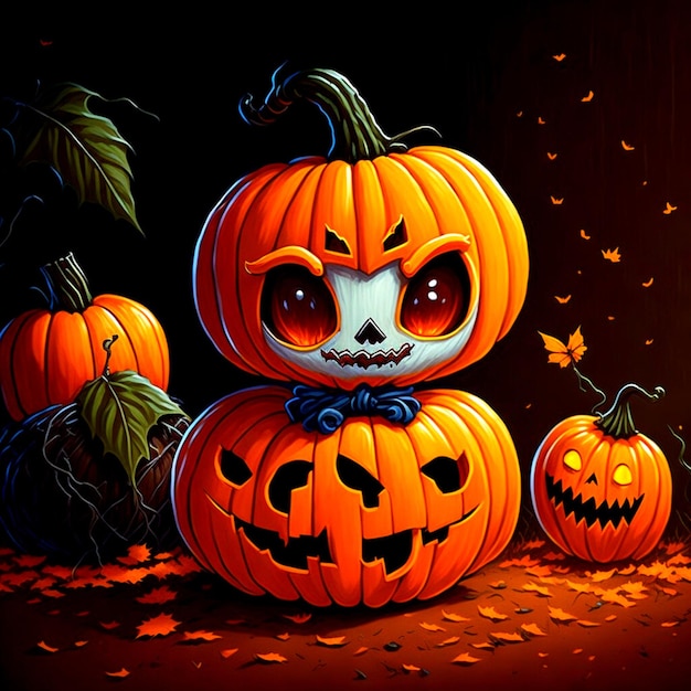 Cute Pumpkin character on Halloween scenery