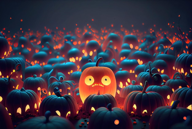 A cute pumpkin among other scary and unknown pumpkins in dark Halloween party Mystery and spooky concept Generative AI