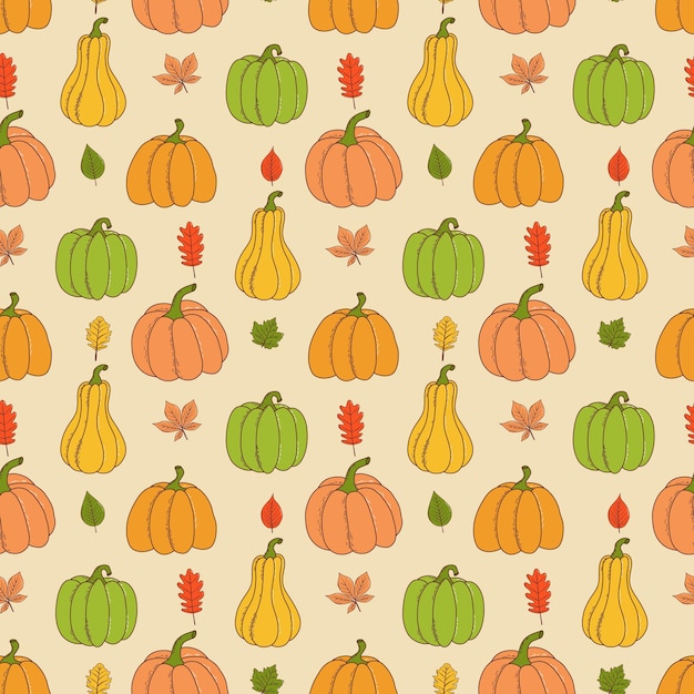 Cute pumpkin seamless pattern Vector illustration in hand drawn style