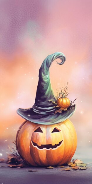 Cute pumpkin in a witchs hat with a place for text in watercolor technique halloween theme generativ