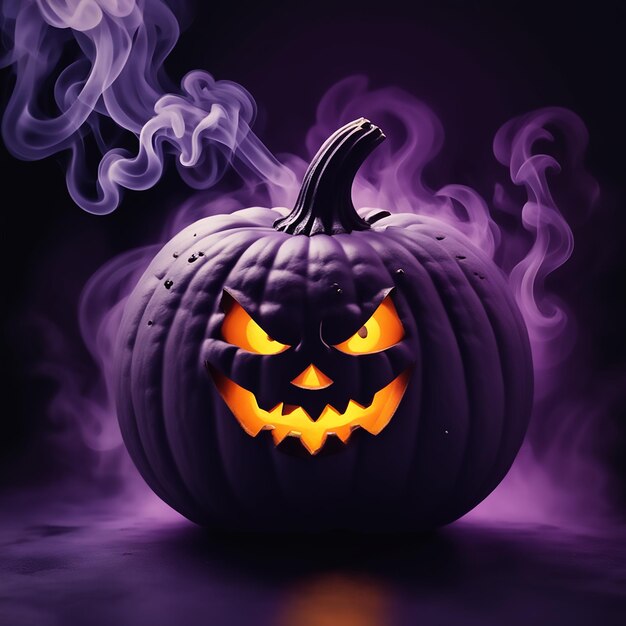 cute pumpkin with scary face dark violet background with smoke effect