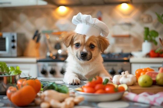 Фото Милый щенок в шляпе шеф-повара готовит вегетарианскую еду на кухонном столе шеф-поваров кулинарные приключения фото prime lenses