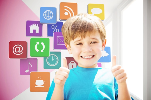 Photo cute pupil smiling at camera by the school bus against modern white and pink room with window