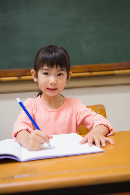 Cute pupil writing at desk in classroom