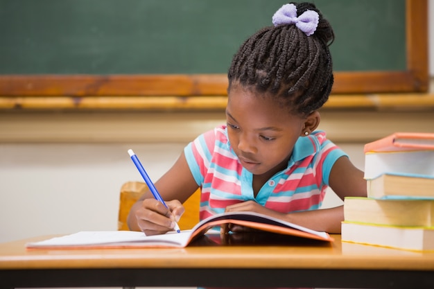 Cute pupils writing at desk in classroom 