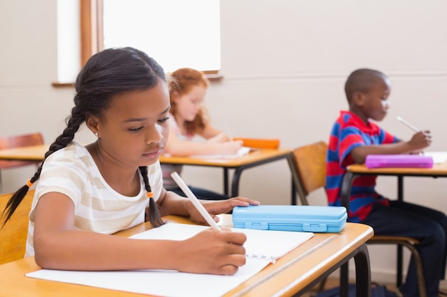 Cute pupils writing at desk in classroom