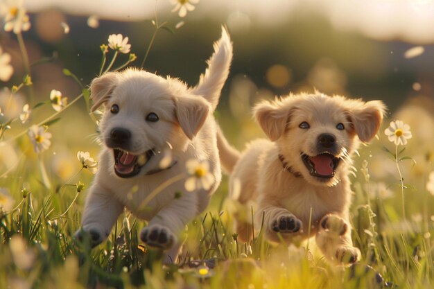 Photo cute puppies chasing their tails