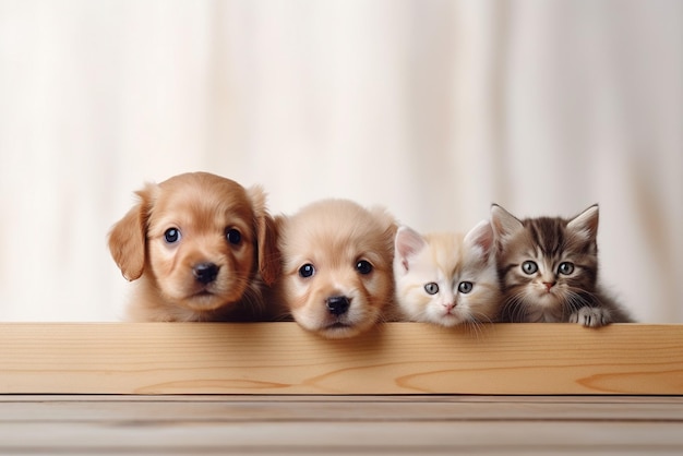 Photo cute puppies and kittens peek behind a wooden banner with empty space for text or product placement