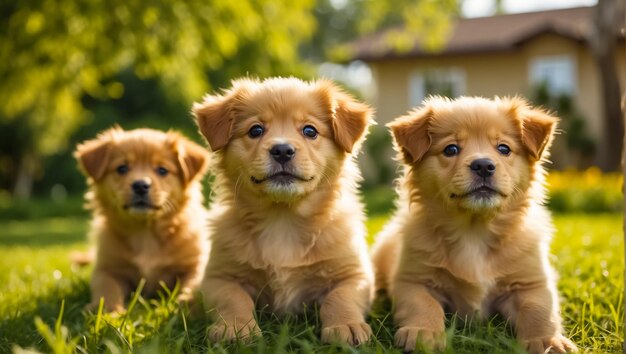 cute puppies on a lawn with grass on a sunny day