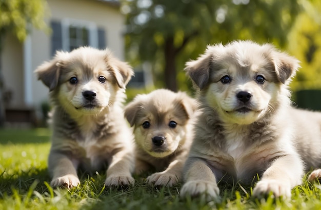 cute puppies on a lawn with grass on a sunny day