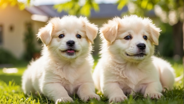 cute puppies on a lawn with grass on a sunny day