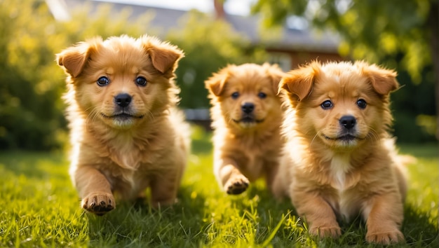 cute puppies on a lawn with grass on a sunny day