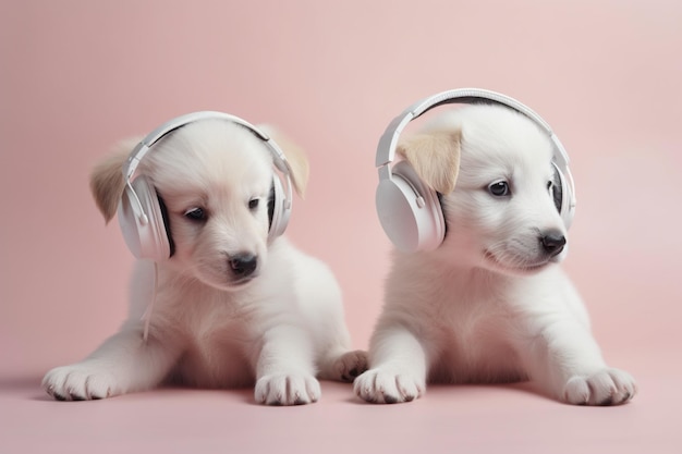 Cute puppies listening to music with headphones generative ai