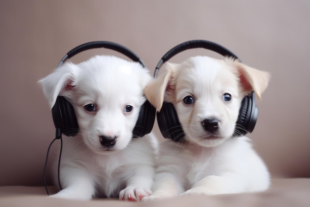 Cute puppies listening to music with headphones generative ai