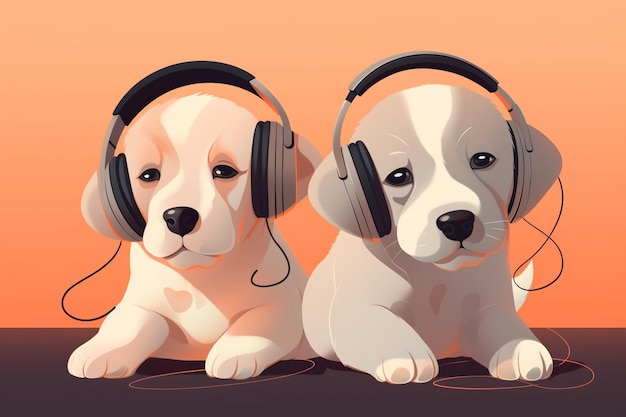 Cute puppies listening to music with headphones generative ai