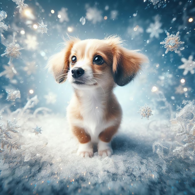 Милый щенок на фоне снежного зимнего пейзажа с снежинками
